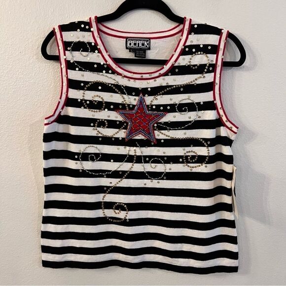 NWT Berek Sleeveless Sweater Size Large Star Americana Beads Sequin 4th Of July - Picture 1 of 6